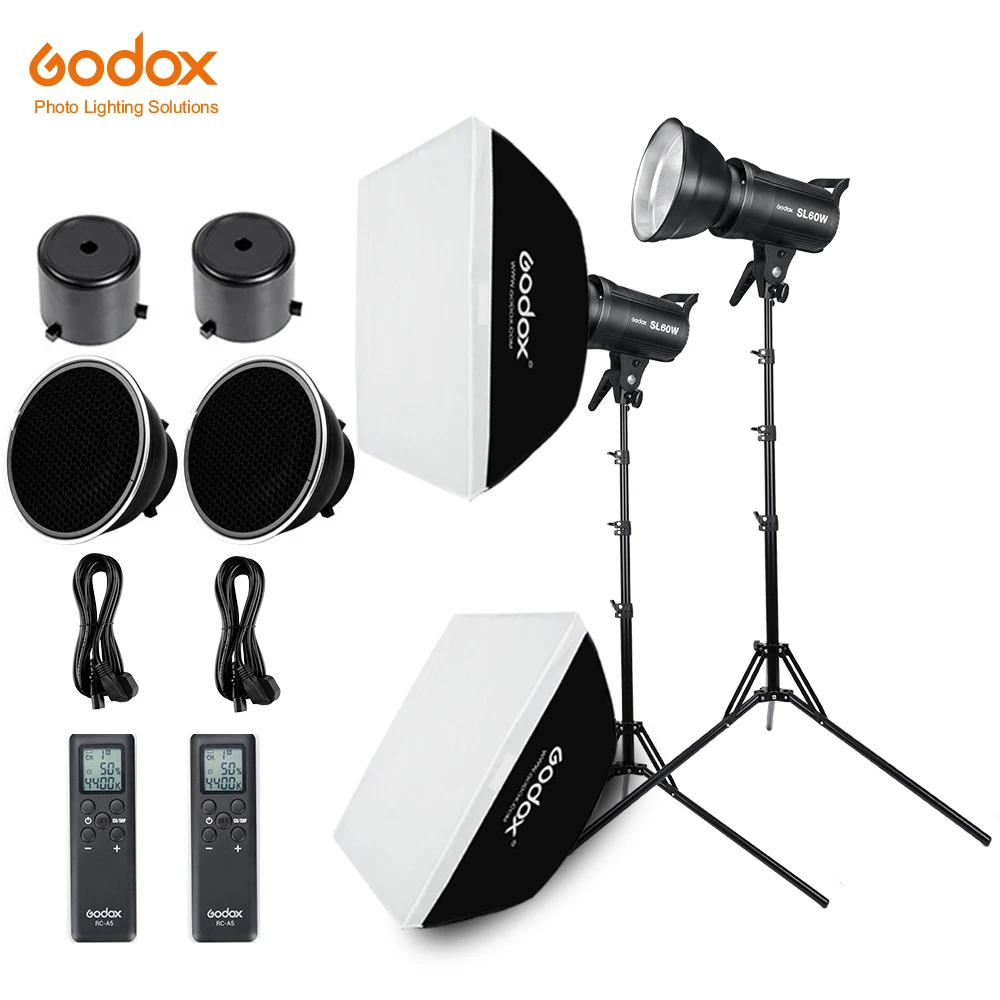 2x Godox SL-60W 60Ws 5600K студия светодиодный непрерывное освещение для фото-и светильник+ 2x1,8 м светильник с подставкой+ 2x60x60 см софтбокс светодиодный светильник комплект