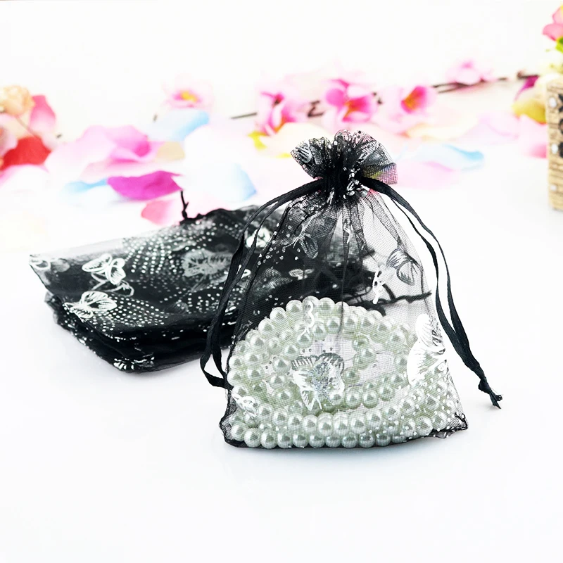 100 шт./лот 7x9 см черные сумки из органзы серебряные подарочные пакеты с принтом