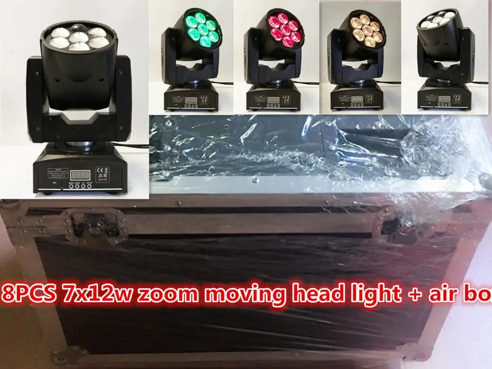 Кейс для полета + 8 шт. 7x12 Вт zoom LED RGBW 4in 1 движущийся головной свет DMX512