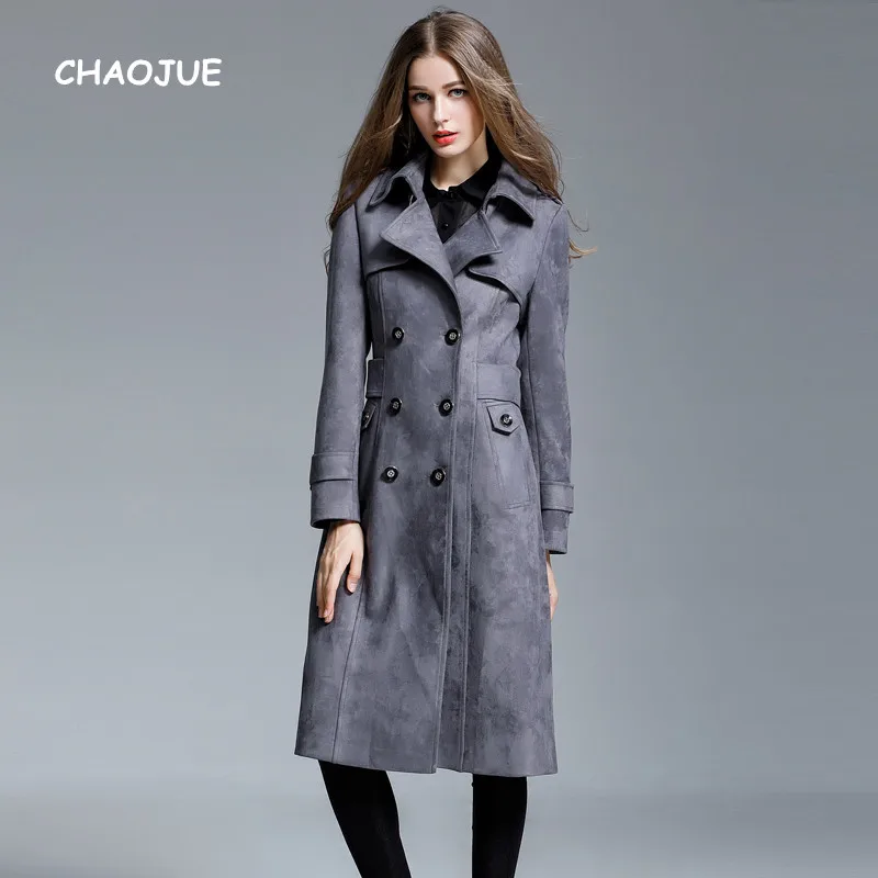 

CHAOJUE Brand Extra Long Suede Trench Coat for women 2018 Fall/Winter New Design Plus size Outwear Office Lady Slim Overcoat