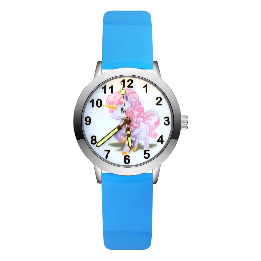 Sky Blue Мода мультфильм милый Единорог Лошадь Стиль Детские часы Дети студентка девушки кварцевые кожаные Наручные часы JA133 - Цвет: Sky Blue