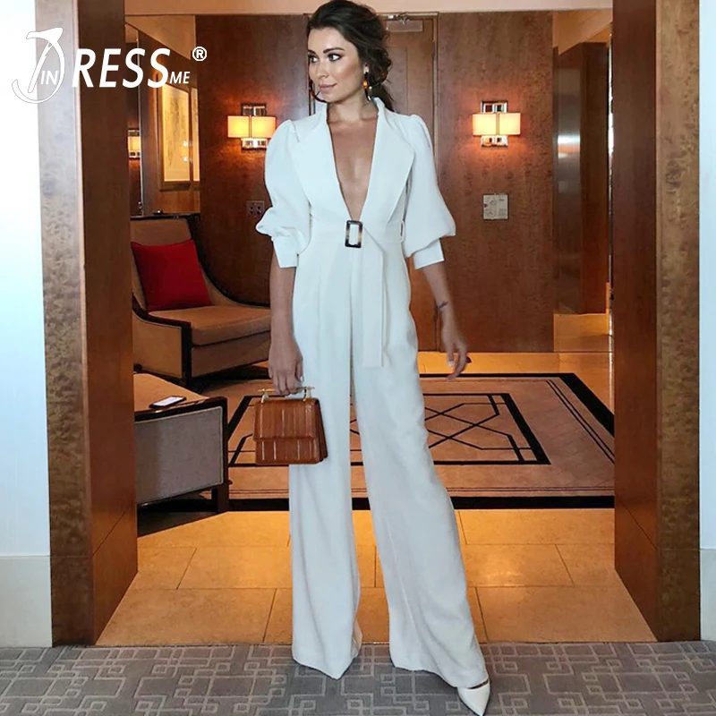 INDRESSME новые женские модные офисные женские сексуальные длинные штаны с глубоким v-образным вырезом и полурукавом, вечерние облегающие повседневные Комбинезоны с поясом