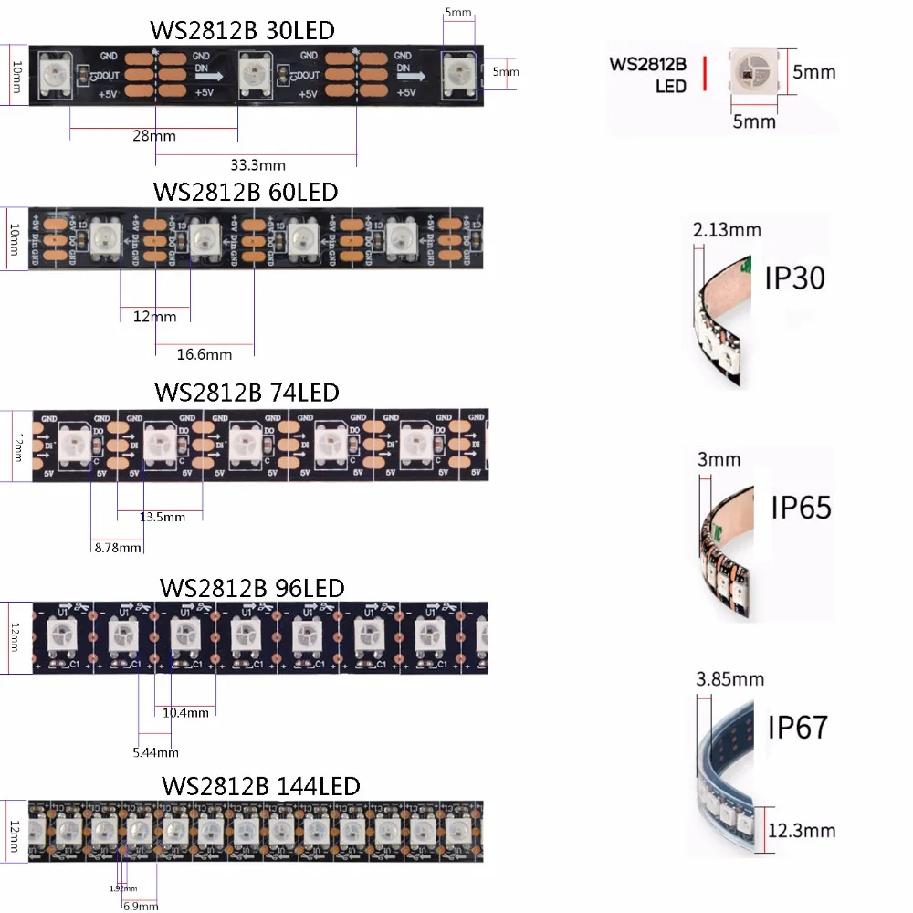 DC5V 1 м и формирующая листы для кровли 4 м 5 м WS2812B WS2812 индивидуальных адресуемый 30/60/74/96/144 Пиксели/светодиодов/м Smart Led полосы, черный/белый печатных плат IP30/IP65/IP67