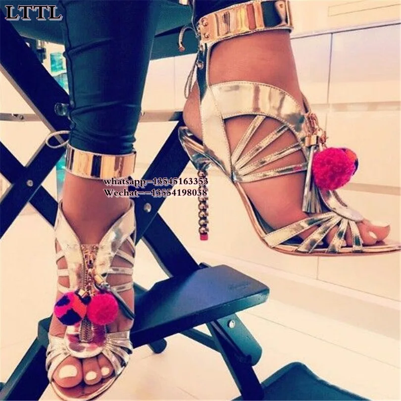 

Женские сандалии-гладиаторы с бахромой, на высоком металлическом каблуке