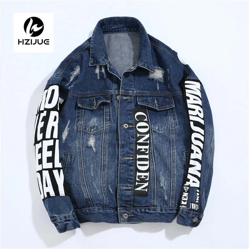 HZIJUE мужские джинсовые куртки Swag с дырками на молнии, джинсовые куртки, мужские синие пальто в стиле хип-хоп, американские размеры s-xl