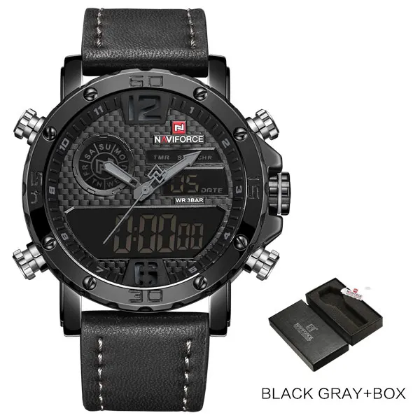 Black Gray With Box Модные часы NAVIFORCE, мужские, люксовый бренд, кварцевые наручные часы, мужские, повседневные, кожа, 30 м, водонепроницаемые, двойной дисплей, Relogio Masculino - Цвет: Black Gray With Box