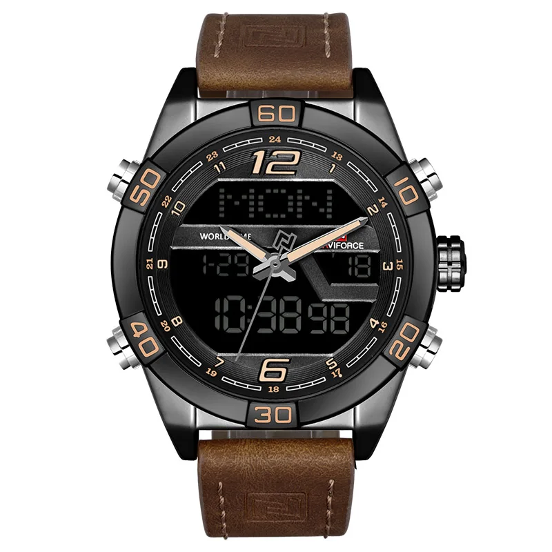 Black Brown NAVIFORCE Роскошные Брендовые мужские модные спортивные часы, мужские водонепроницаемые кварцевые часы с датой, мужские кожаные армейские военные наручные часы - Цвет: Black Brown