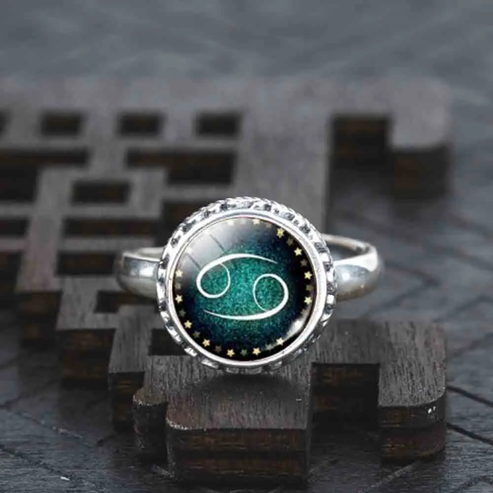 

Zodiac Classic Womens Real Solid 925 Sterling Silver Ring Hollow Moon Glass Cabochon Fashion Jewelry Best Friend Romantic Maxi