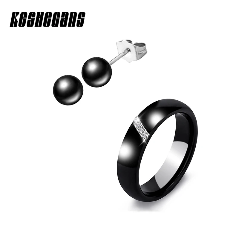 Simple Style Jewelry Sets Round Ceramic Stud Earrings And Crystal Ring Black White Color For Women Classic Wedding Party | Украшения и