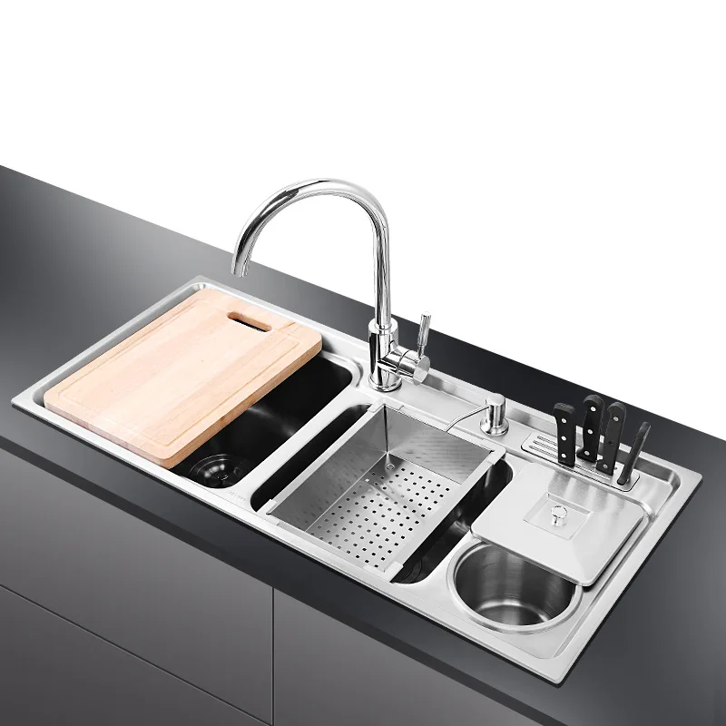 kitchen basin sus304 stainless steel three tank wash vegetable pot lengthening multi function kitchen sink with trash can free global shipping