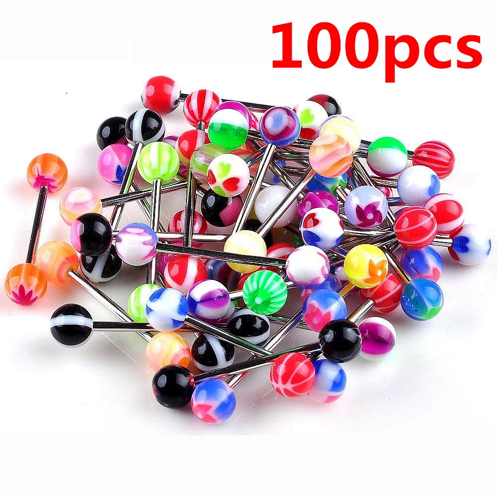 100pcs/Lot Mixed Ball Tongue Ring Navel Nipple Barbell Rings Bars Body Jewelry Piercing | Украшения и аксессуары