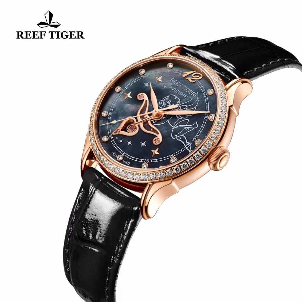 Женские автоматические часы Reef Tiger механические из телячьей кожи с бриллиантами