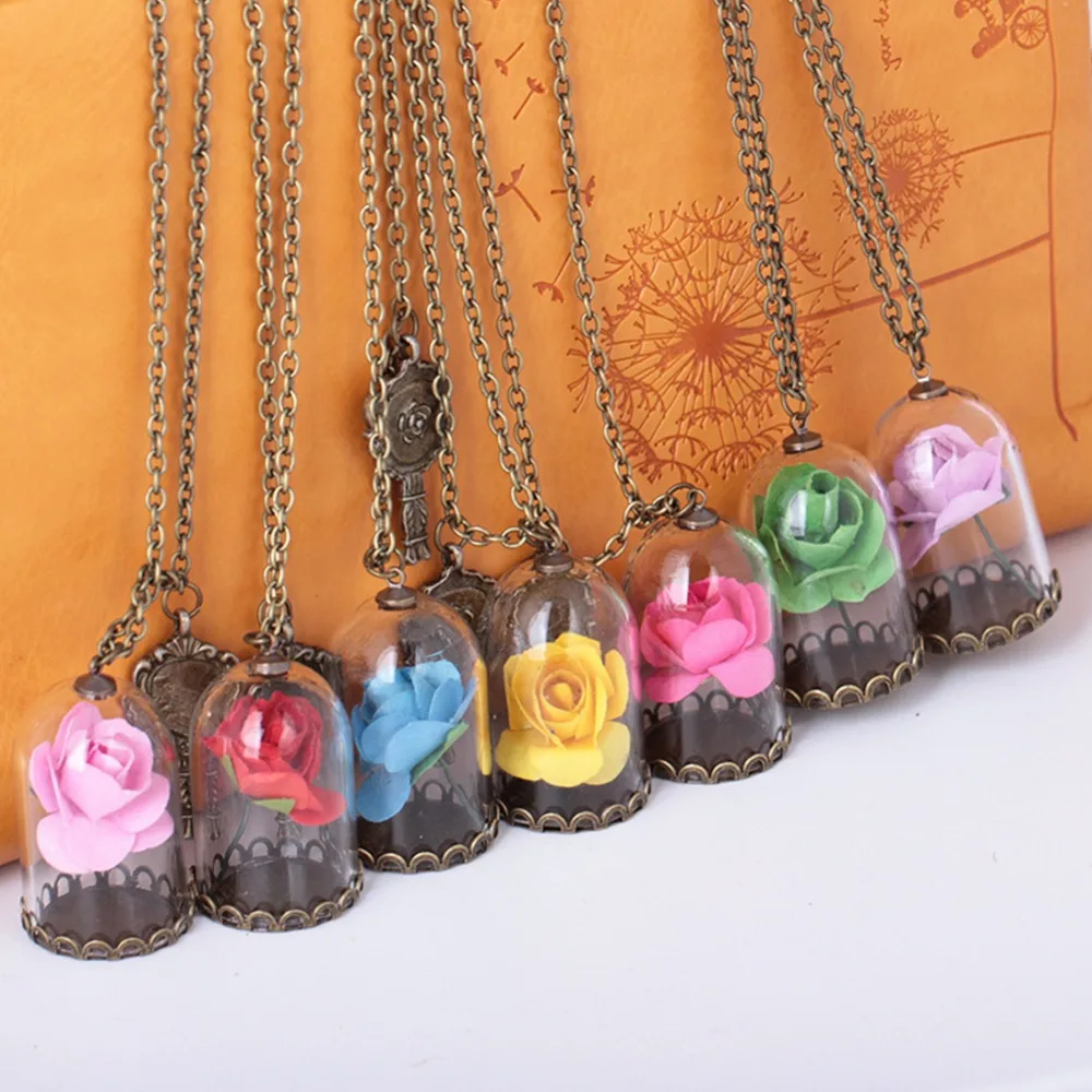 Ожерелье Красавица и чудовище покрытие из стекла сухое цветок роза зеркало
