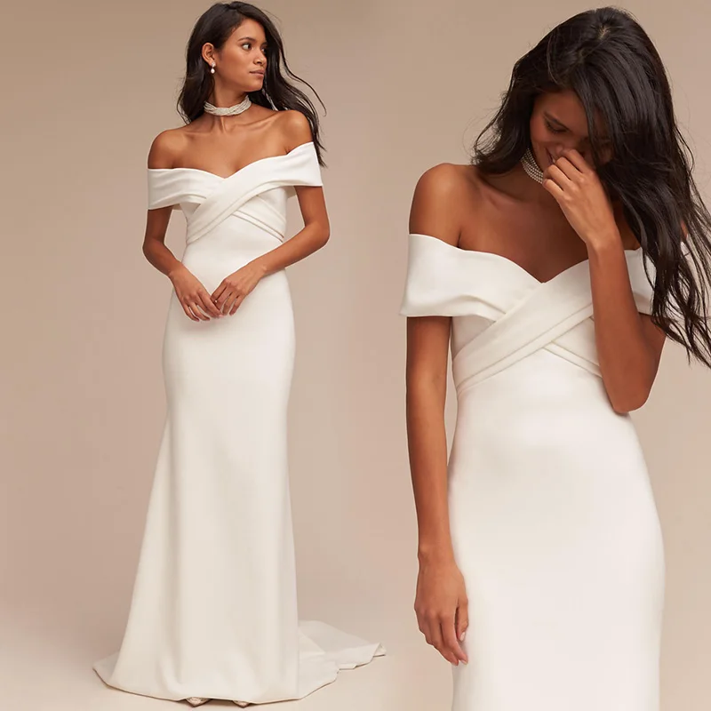 

Off the Shoulder Beach Wedding Dresses 2021 Vestido Noiva Praia Simple White Satin Casamento Bridal Gown Boho Mariee