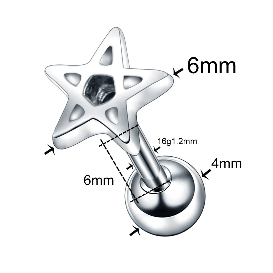 K0627 1.2x6x4mm 1Pc New Arrival Surgical Steel Tragus Earrings Cartilage Piercing Oreja Ear Stud Helix Moon Heart Earrings Piercing Sexy Jewelry - Окраска металла: K0627 1.2x6x4mm