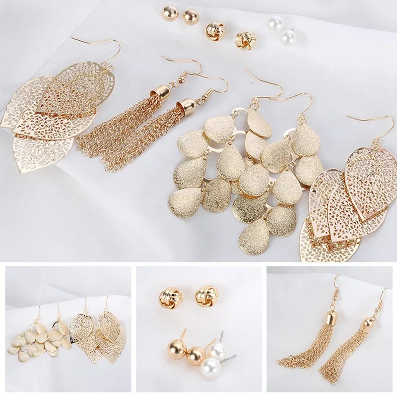 6 Pairs Vintage Leaves Long Tassel Earrings Set Simulated Pearl Stud For Women New Jewelry | Украшения и аксессуары