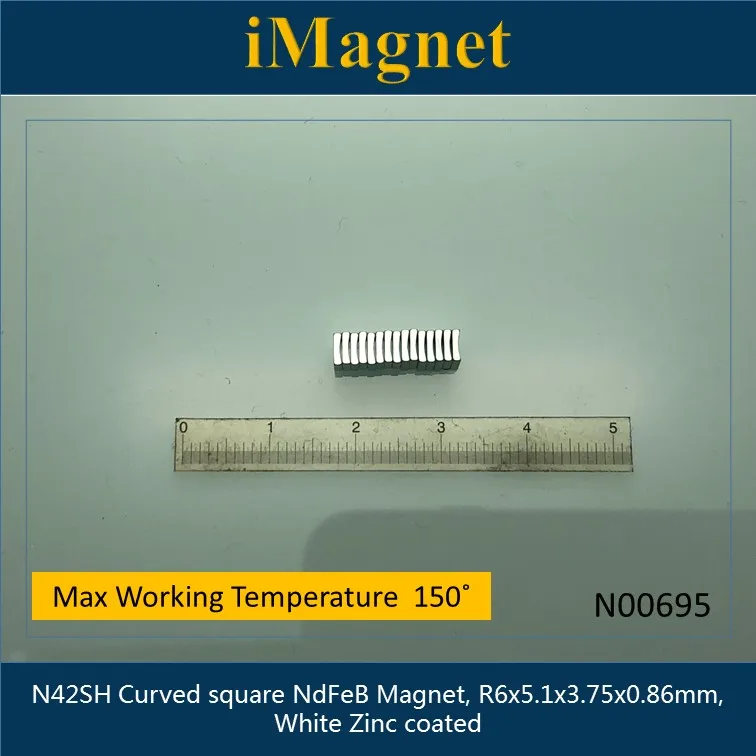 

N00695 15 шт./лот N42SH изогнутый квадратный неодимовый магнит, r6x5.1x3.75x0.86мм, белое цинковое покрытие.
