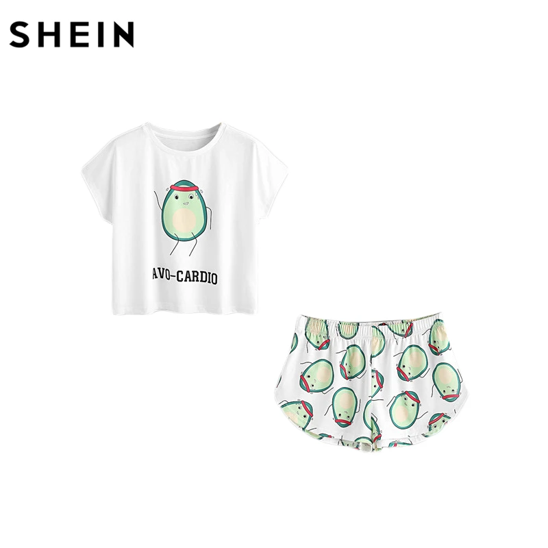 SHEIN Повседневный Женский комплект из двух предметов,, летний комплект с мультяшным принтом авокадо, футболка с коротким рукавом и шорты с эластичной резинкой на талии