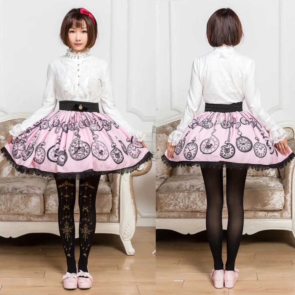 Милые розовые карманные часы Mori Girl с короткой юбкой и принтом для лета|short skirt|printed