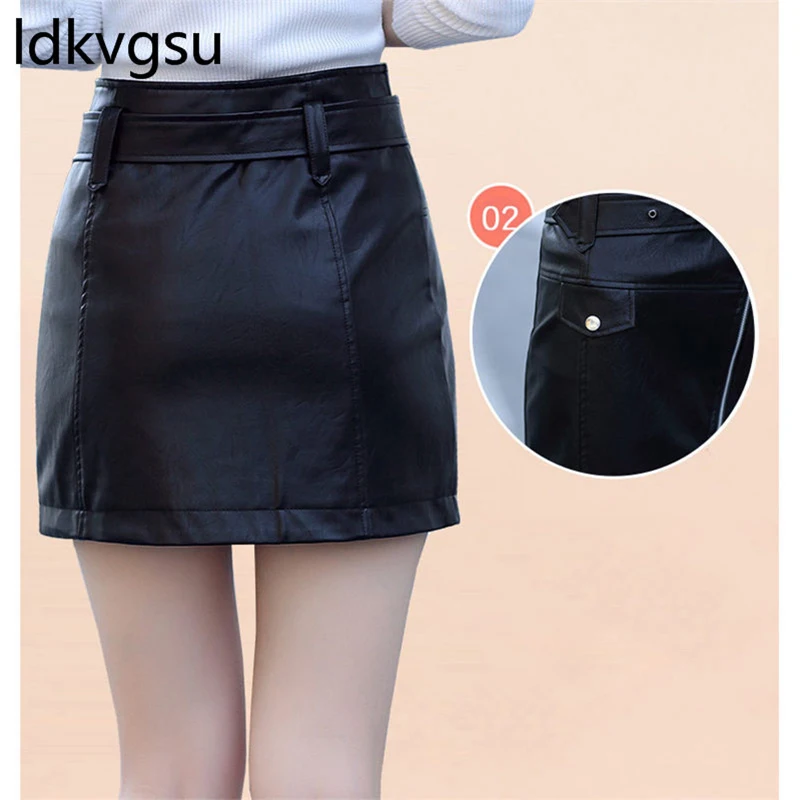 Женская мини юбка из ПУ кожи с поясом и завышенной талией|Женские юбки| |