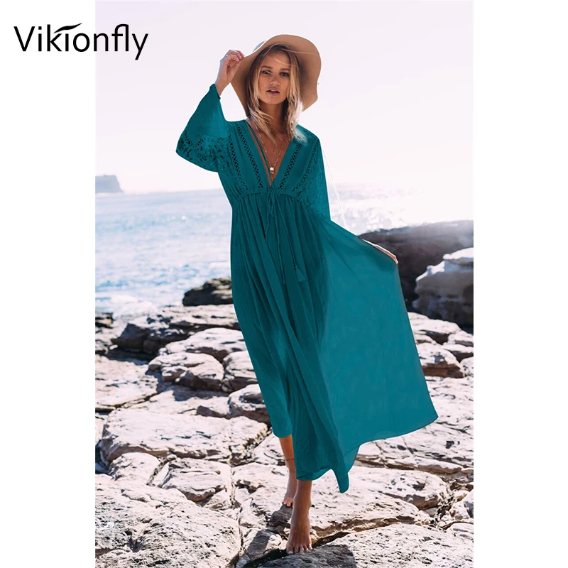 Длинная кружевная Пляжная накидка Vikionfly бикини летний купальник 2020 пляжная