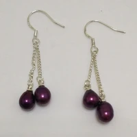 7 8mm double purple natural drop pearl earring with sterling silver hook