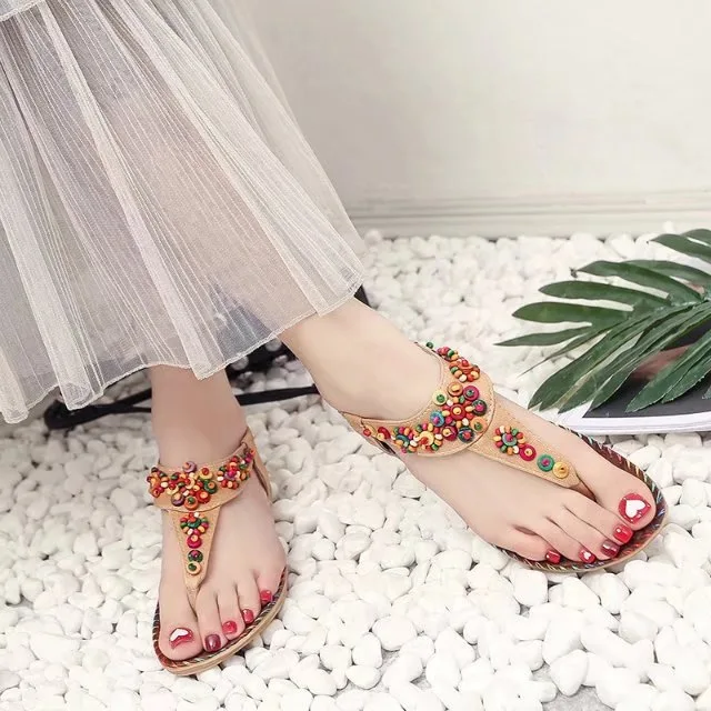 

Bohemian Beaded Women Sandals Sweet National Female Flip Flops Flat Sandals 2019 Women Summer Casual Sandals