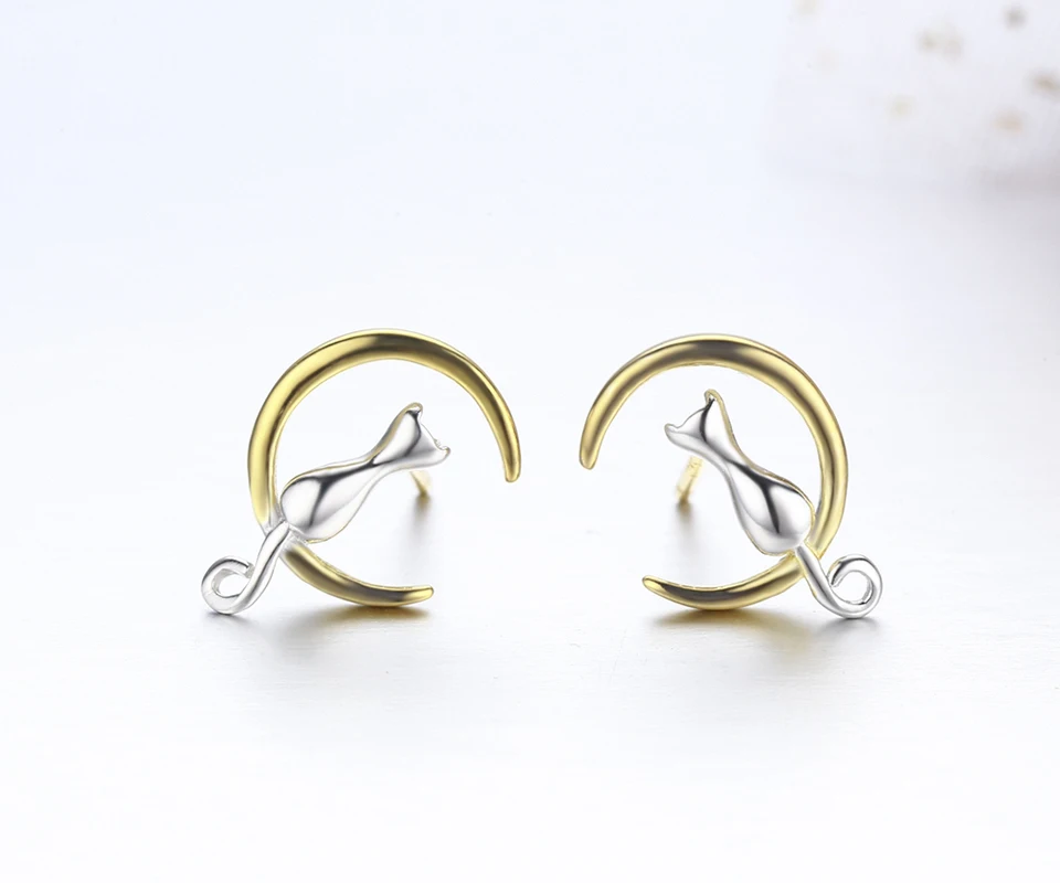 Серьги-пусеты с желтой Луной и кошечкой из стерлингового серебра 925 пробы женские