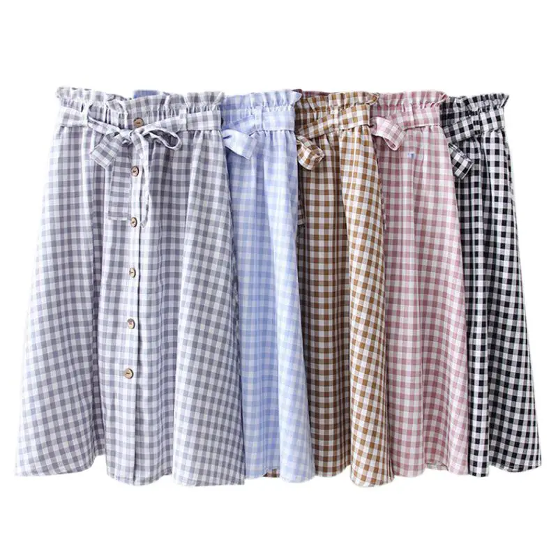 Sweet Button Print Skirt Women Bow Lace Up Vintage Literary Style Elastic High Waist Wild A Word Long Skirt