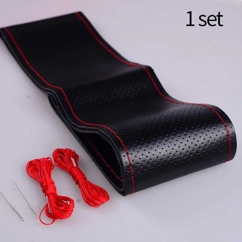 Black red with hole 38 см чехол рулевого колеса автомобиля из мягкой кожи DIY швейный комплект ручной работы Швейные иглы рулевое колесо чехлы авто аксессуары - Цвет: Black red with hole