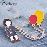 skipping rope girl pins brooches little girl with balloons pin red yellow enamel pin chain brooch badge girls and welsh corgi