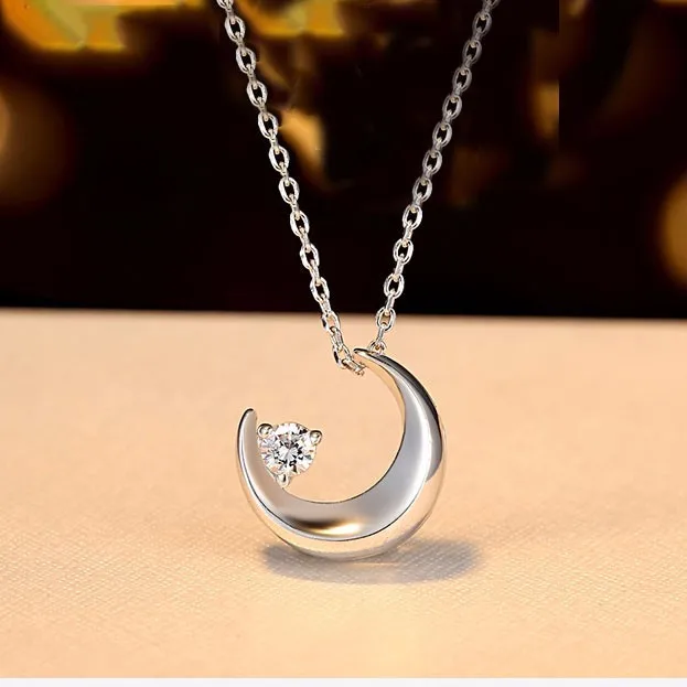 925 Sterling Silver Moon NecklaceTrendy Fashion Charms CuteCubic Zirconia Crystal Necklaces Women Girl Pendant Jewelry | Украшения и