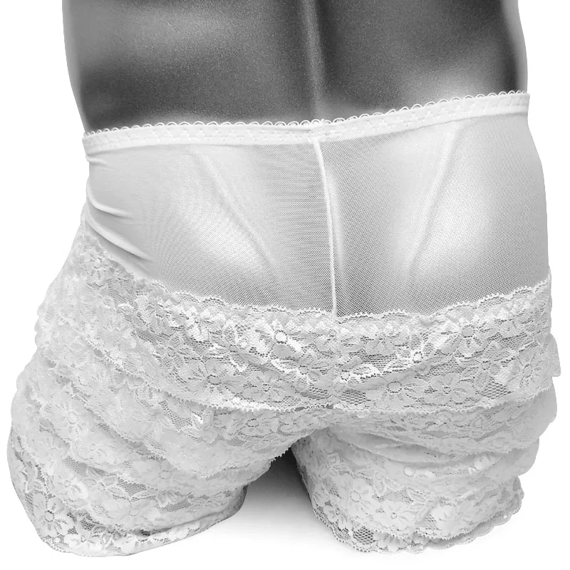 Sissy Underwear Men Boxer Shorts Mesh See through Gay Sexy Panties Fetish Exotic Lace Frilly Layer Lingerie Underpants
