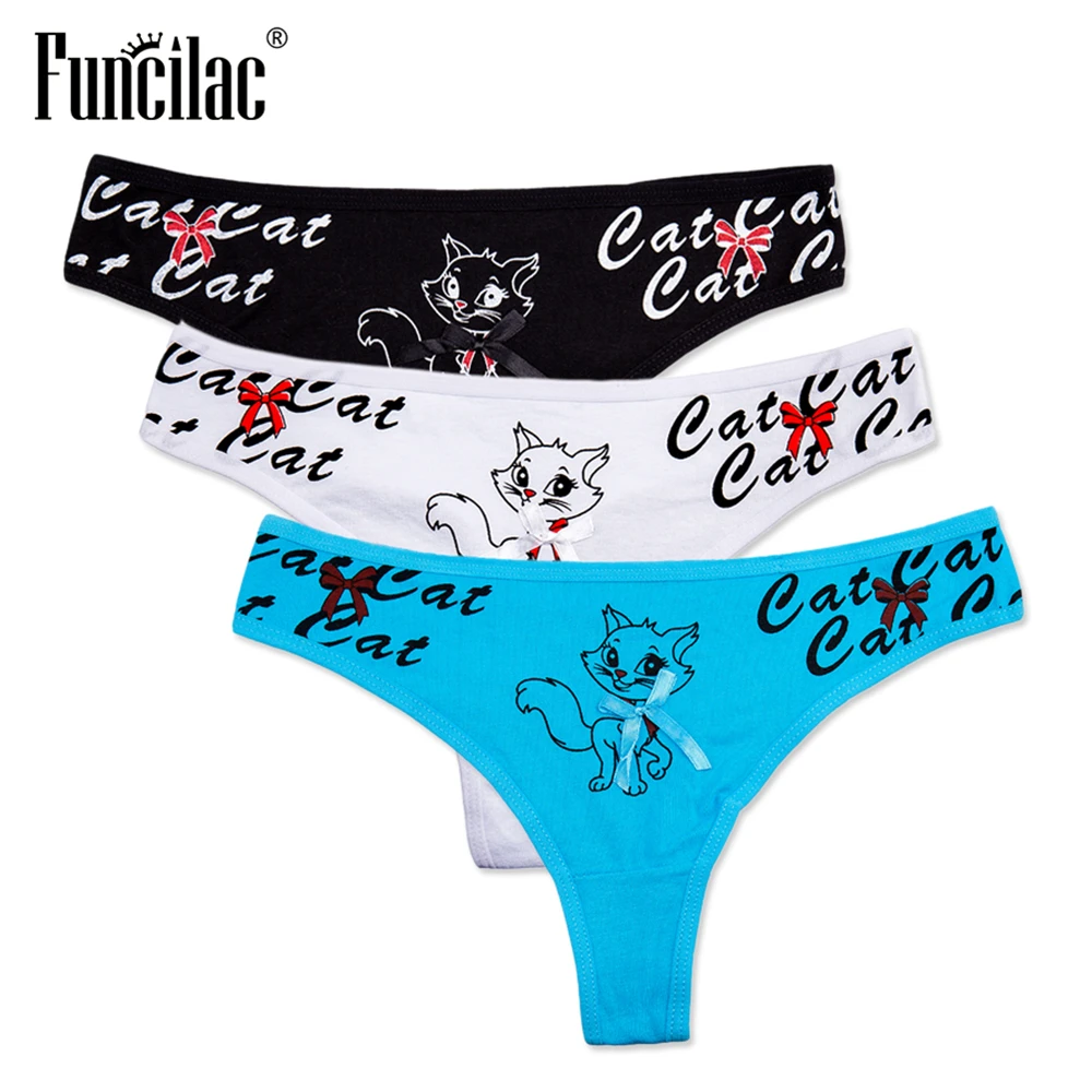 FUNCILAC нижнее белье для женщин с рисунком котенка стринги хлопок сексуальные Kawaii