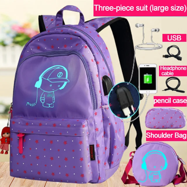 Purple USB 5pcs 3 шт./компл. USB зарядка световой сумка школьные рюкзаки для девочек Детский рюкзак школьный рюкзак дорожная сумка с принтом школьные ранцы - Цвет: Purple USB 5pcs