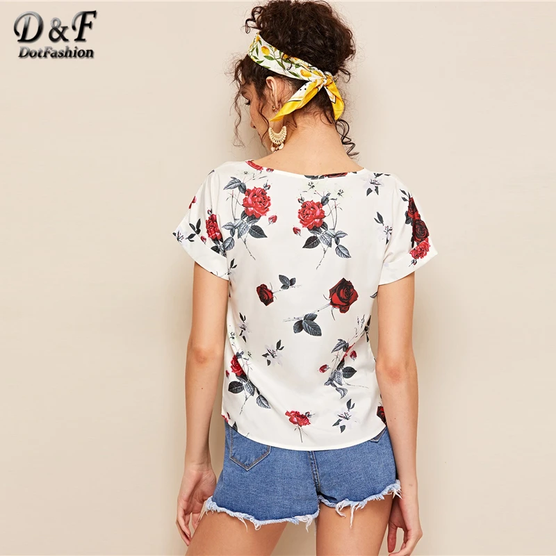 Dotfashion белая женская блузка с цветочным принтом, свернутые манжеты,, летняя повседневная одежда с коротким рукавом, женские корейские модные топы