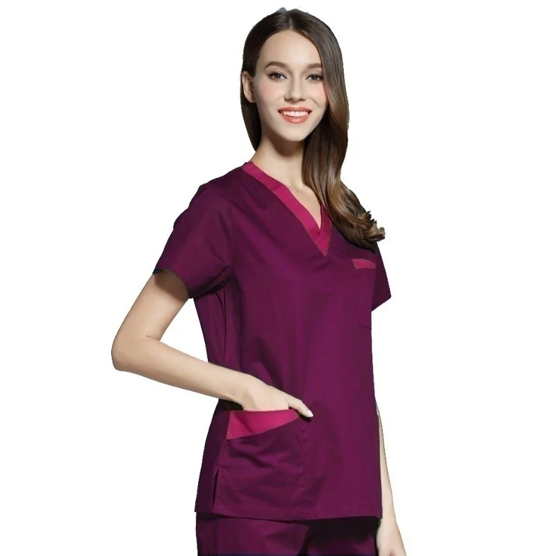 purple top Высококачественная Женская медицинская форма, скраб-топ с коротким рукавом, v-образный вырез, цветная блокирующая верхняя хирургическая Аптечная одежда(juat A Top - Цвет: purple top