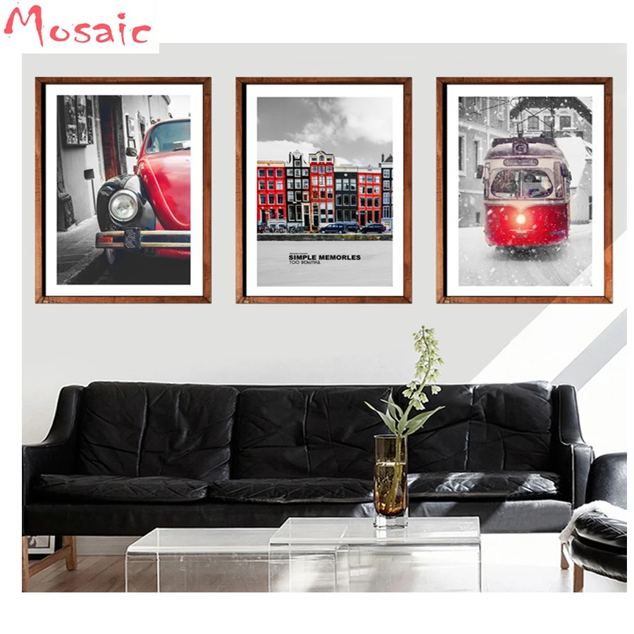 

Full Diamond Painting Cross Stitch kit red car diy Diamond Embroidery Still Life 3 pcs pattern Diamond Mosaic picture rhinestone