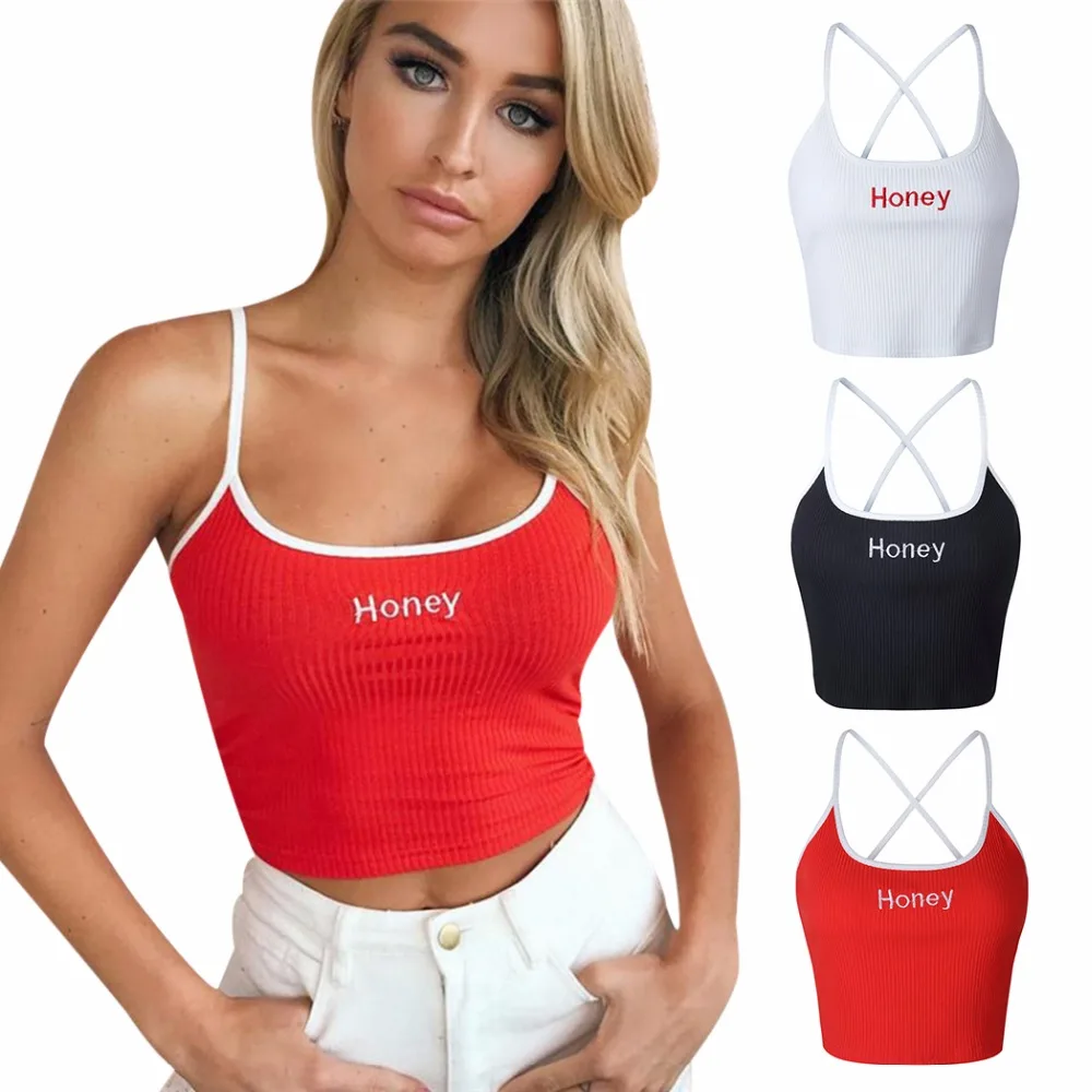 Women Letter Camisole Tops Embroidery Honey Printed Cropped Sexy Black Backless Strap Crop Top Bralet | Женская одежда