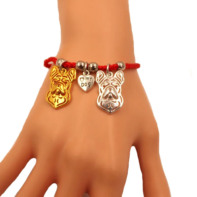 American English French Bulldog Dog Animal Charm Bracelet For Women Men Rope Male Female Pearl Red Heart Black jewelry Gift | Украшения и