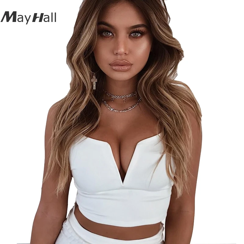 Женский короткий топ Mayhall белый/черный облегающий с треугольным вырезом на лето