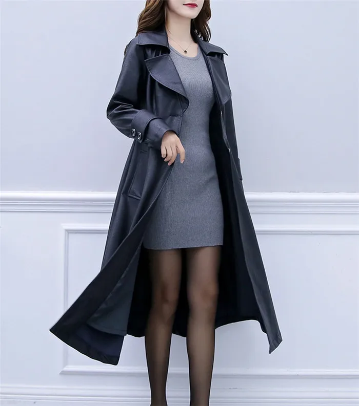 Модное женское пальто из искусственной кожи, большие размеры, XL-6XL, Длинные куртки, искусственная кожа, ветровка, женская тонкая черная кожаная верхняя одежда G156