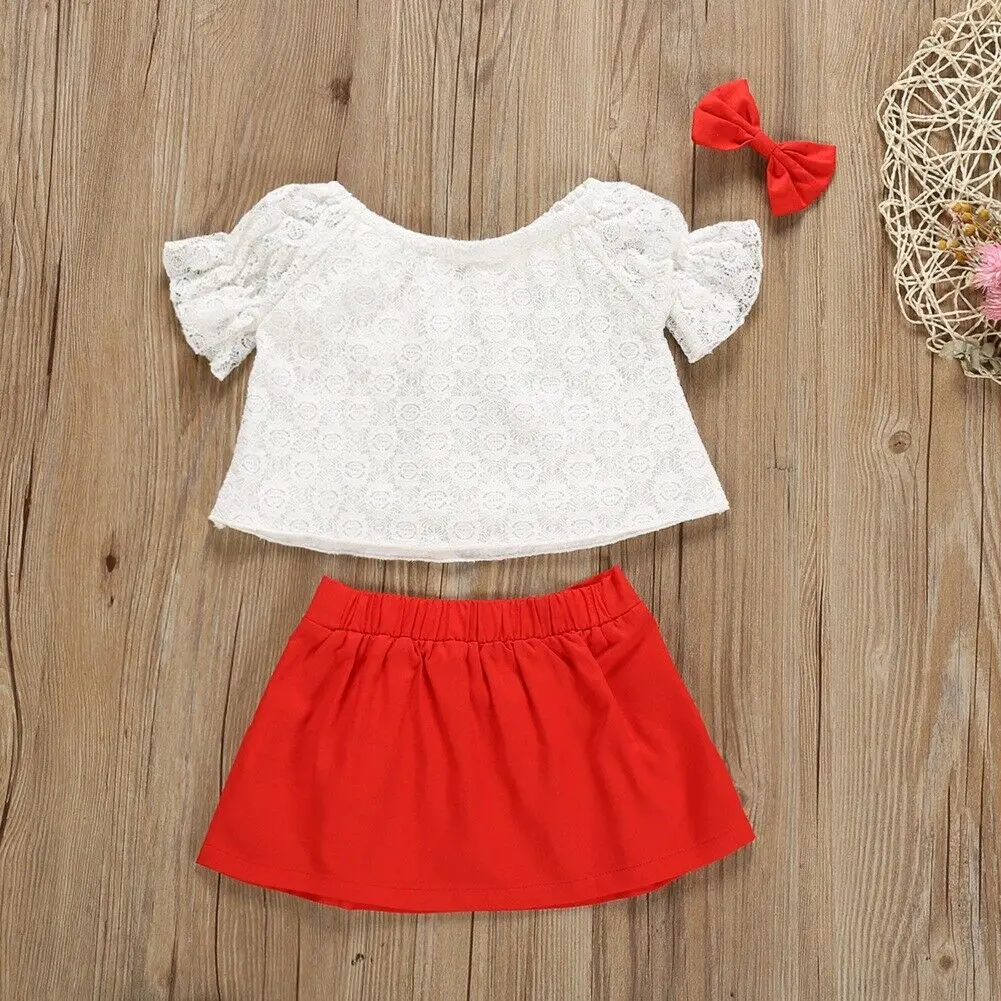 Комплекты одежды для маленьких девочек белый кружевной топ с короткими рукавами