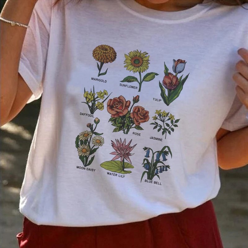 Harajuku футболка летнего завода цветок принтовые тройники женские гранж эстетику 90s