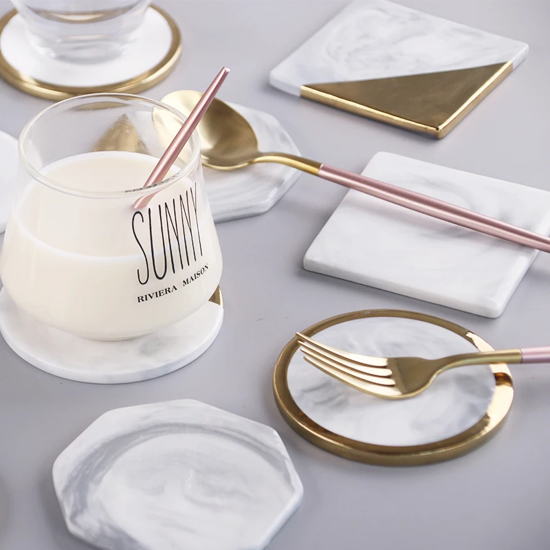 

Creative Marble Ceramic Gold Plating Coaster Cup Mats Waterproof Heat-insulated Home Decoration Desktop Chic Table Placemat