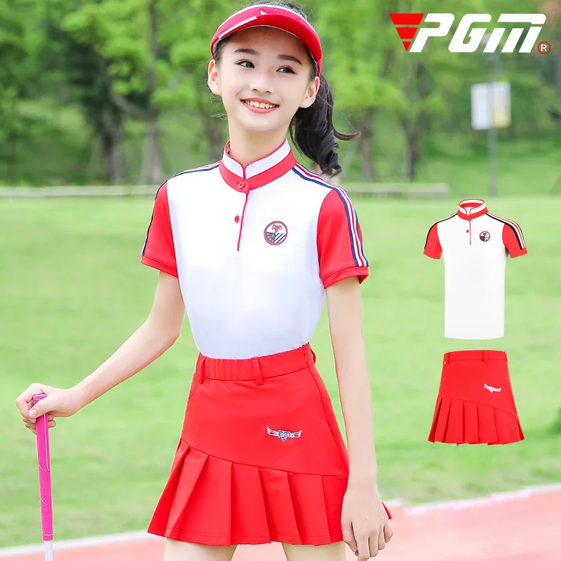 

New Arrival PGM Girls Slimming Golf Skirts Set Short Sleeve Shirt Pleated Skirt Girls Tennis Golf Breathable Sportswear D0787