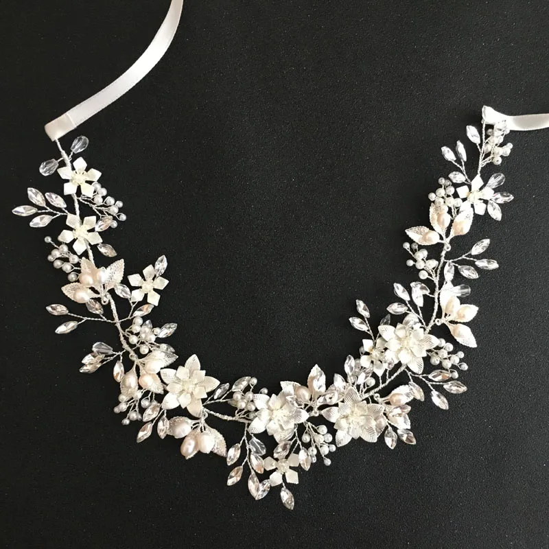 Женский обруч для волос SLBRIDAL проводной Хрустальный стразы Пресноводный Жемчуг