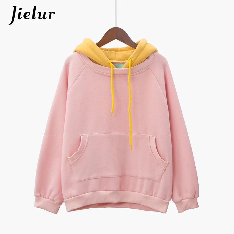 Розовый Jielur Kpop модная Толстовка Харадзюку, хит цвета, свежий розовый свитшот, женская теплая флисовая толстовка с капюшоном, Sudadera Mujer, зима - Цвет: Розовый