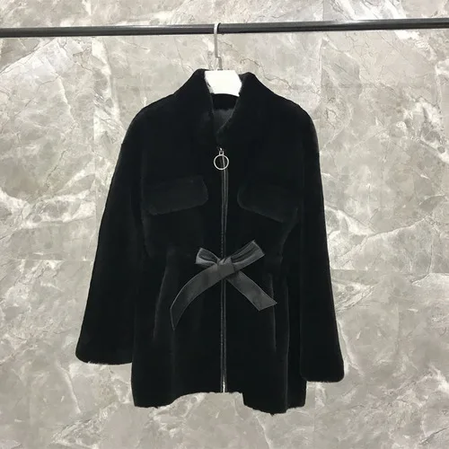Black Женское пальто с натуральным мехом, зимняя теплая куртка из короткой овечьей шерсти, корейское Однотонное шерстяное пальто, черное Abrigos Mujer Invierno YY638 - Цвет: Black