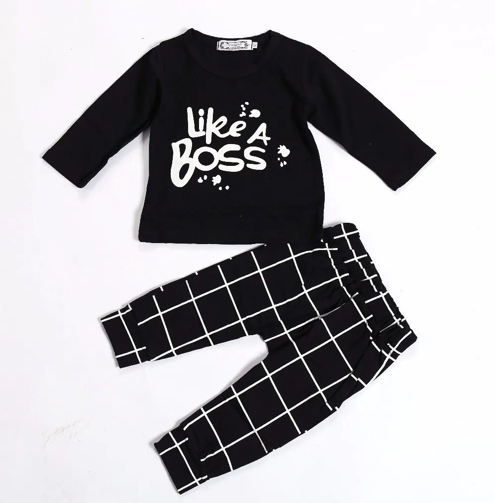 2020 Spring Autumn Baby Boy Outfits Like A Boss Long Black Tops+Pant 2PCS Clothing Sets Kids Infant Boys Girls Clothes | Детская одежда